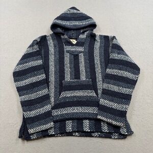 vintage Baja Joe Rug Hoodie Men's Large Navy Blue Striped Woven Pullover Mexican